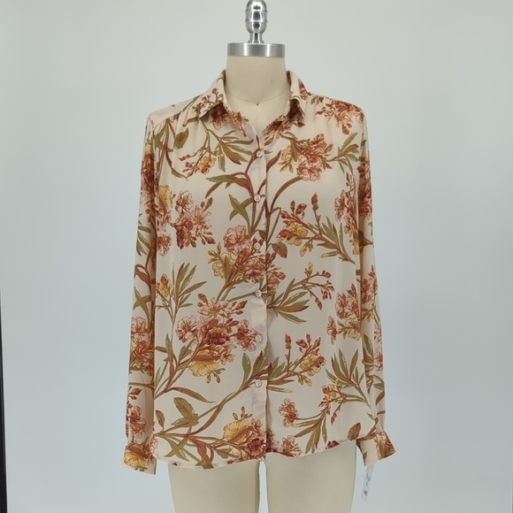 H&M Floral Button Down Shirt Cream Pink 6 chiffon bohemian preppy Business casua - Picture 1 of 6